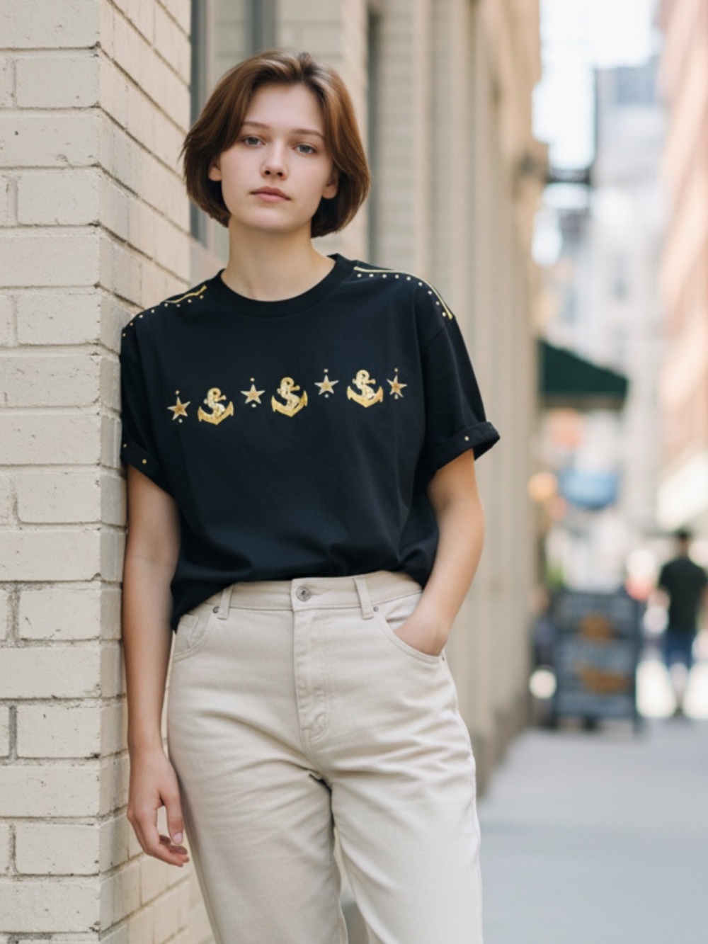 PGB black and gold vintage nautical grommet with shoulder pads top USA Made